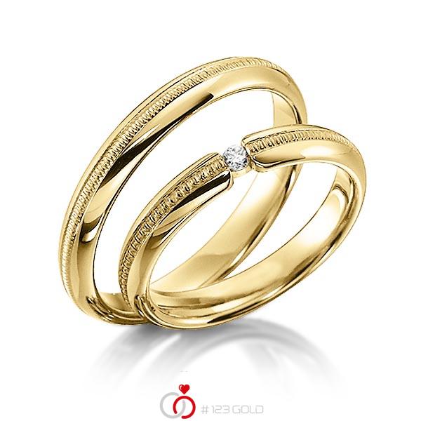 Paar klassische Trauringe/Eheringe in Gelbgold 585 mit zus. 0,04 ct. Brillant tw, si von acredo - S-1135-1 Paar klassische Trauringe/Eheringe in Gelbgold 585 mit zus. 0,04 ct. Brillant tw, si von acredo - S-1135-1