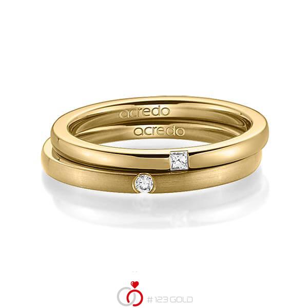 Paar klassische Trauringe/Eheringe in Gelbgold 585 mit zus. 0,055 ct. Prinzess-Diamant & Brillant tw, si von acredo - A-1393-6 Paar klassische Trauringe/Eheringe in Gelbgold 585 mit zus. 0,055 ct. Prinzess-Diamant & Brillant tw, si von acredo - A-1393-6
