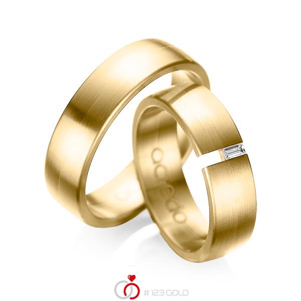 Paar klassische Trauringe/Eheringe in Gelbgold 585 mit zus. 0,05 ct. Baguette-Diamant tw, vs von acredo - A-1035-10 Paar klassische Trauringe/Eheringe in Gelbgold 585 mit zus. 0,05 ct. Baguette-Diamant tw, vs von acredo - A-1035-10