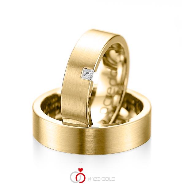 Paar klassische Trauringe/Eheringe in Gelbgold 585 mit zus. 0,05 ct. Prinzess-Diamant tw, si von acredo - A-1075-4 Paar klassische Trauringe/Eheringe in Gelbgold 585 mit zus. 0,05 ct. Prinzess-Diamant tw, si von acredo - A-1075-4