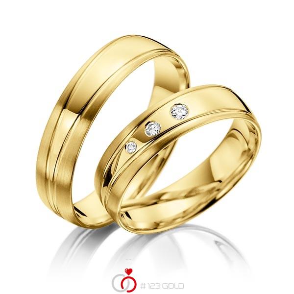 Paar klassische Trauringe/Eheringe in Gelbgold 585 mit zus. 0,06 ct. Brillant tw, si - NP-1180-2 Paar klassische Trauringe/Eheringe in Gelbgold 585 mit zus. 0,06 ct. Brillant tw, si - NP-1180-2