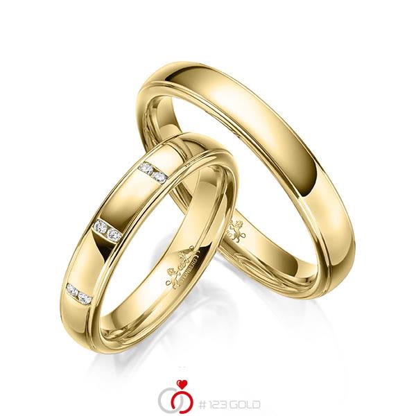 Paar klassische Trauringe/Eheringe in Gelbgold 585 mit zus. 0,06 ct. Brillant tw, si von Steinberg - Q-1605-5 Paar klassische Trauringe/Eheringe in Gelbgold 585 mit zus. 0,06 ct. Brillant tw, si von Steinberg - Q-1605-5