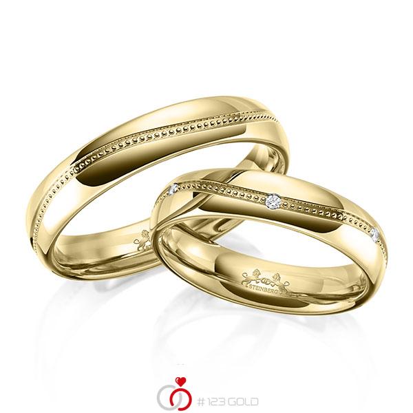 Paar klassische Trauringe/Eheringe in Gelbgold 585 mit zus. 0,06 ct. Brillant tw, si von Steinberg - Q-1652-6 Paar klassische Trauringe/Eheringe in Gelbgold 585 mit zus. 0,06 ct. Brillant tw, si von Steinberg - Q-1652-6