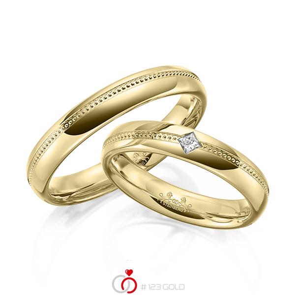 Paar klassische Trauringe/Eheringe in Gelbgold 585 mit zus. 0,06 ct. Prinzess-Diamant tw, si von Steinberg - Q-1655-1 Paar klassische Trauringe/Eheringe in Gelbgold 585 mit zus. 0,06 ct. Prinzess-Diamant tw, si von Steinberg - Q-1655-1