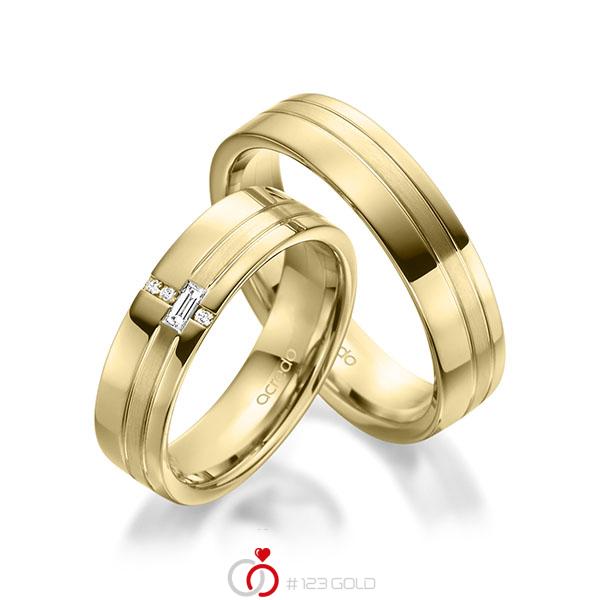Paar klassische Trauringe/Eheringe in Gelbgold 585 mit zus. 0,074 ct. Baguette-Diamant & Brillant tw, vs tw, si von acredo - A-1947-6 Paar klassische Trauringe/Eheringe in Gelbgold 585 mit zus. 0,074 ct. Baguette-Diamant & Brillant tw, vs tw, si von acredo - A-1947-6