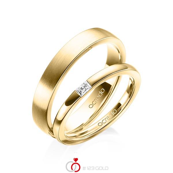 Paar klassische Trauringe/Eheringe in Gelbgold 585 mit zus. 0,07 ct. Baguette-Diamant tw, vs von acredo - A-1402-6 Paar klassische Trauringe/Eheringe in Gelbgold 585 mit zus. 0,07 ct. Baguette-Diamant tw, vs von acredo - A-1402-6