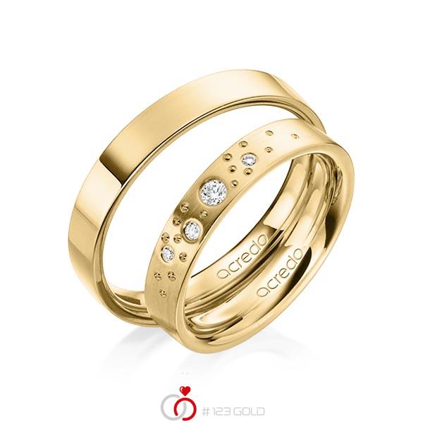 Paar klassische Trauringe/Eheringe in Gelbgold 585 mit zus. 0,081 ct. Brillant tw, si von acredo - A-1239-2 Paar klassische Trauringe/Eheringe in Gelbgold 585 mit zus. 0,081 ct. Brillant tw, si von acredo - A-1239-2