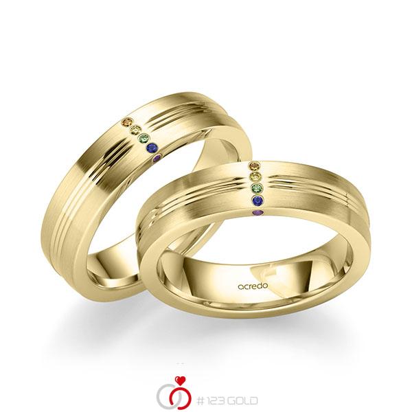Paar klassische Trauringe/Eheringe in Gelbgold 585 mit zus. 0,096 ct. Brillant gelb Red Cherry Apple Green Saphir Blau (A 10) Saphir Hellpink (A 6) von acredo - A-2195-2 Paar klassische Trauringe/Eheringe in Gelbgold 585 mit zus. 0,096 ct. Brillant gelb Red Cherry Apple Green Saphir Blau (A 10) Saphir Hellpink (A 6) von acredo - A-2195-2