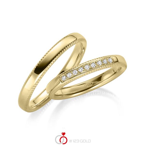 Paar klassische Trauringe/Eheringe in Gelbgold 585 mit zus. 0,09 ct. Brillant tw, vs - UQ-1030-1 Paar klassische Trauringe/Eheringe in Gelbgold 585 mit zus. 0,09 ct. Brillant tw, vs - UQ-1030-1