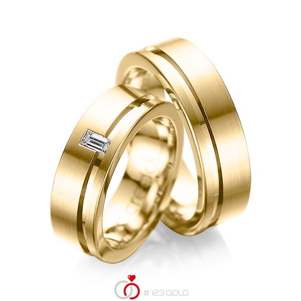 Paar klassische Trauringe/Eheringe in Gelbgold 585 mit zus. 0,12 ct. Baguette-Diamant tw, vs von acredo - A-1017-5 Paar klassische Trauringe/Eheringe in Gelbgold 585 mit zus. 0,12 ct. Baguette-Diamant tw, vs von acredo - A-1017-5