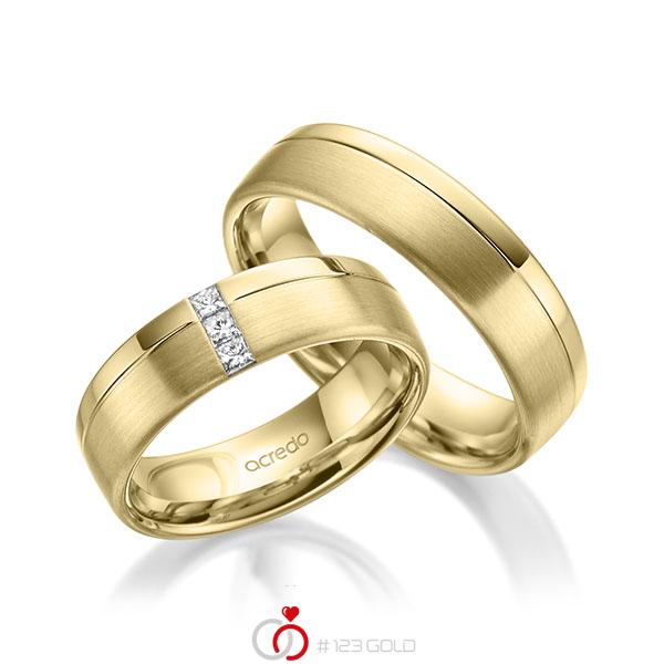 Paar klassische Trauringe/Eheringe in Gelbgold 585 mit zus. 0,12 ct. Prinzess-Diamant tw, si von acredo - A-1963-6 Paar klassische Trauringe/Eheringe in Gelbgold 585 mit zus. 0,12 ct. Prinzess-Diamant tw, si von acredo - A-1963-6