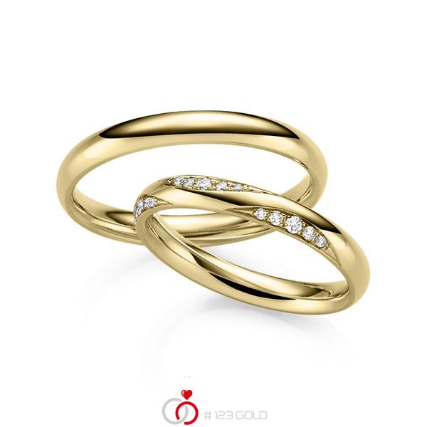 Paar klassische Trauringe/Eheringe in Gelbgold 585 mit zus. 0,135 ct. Brillant tw, si von 123gold - Y-1429-2 Paar klassische Trauringe/Eheringe in Gelbgold 585 mit zus. 0,135 ct. Brillant tw, si von 123gold - Y-1429-2