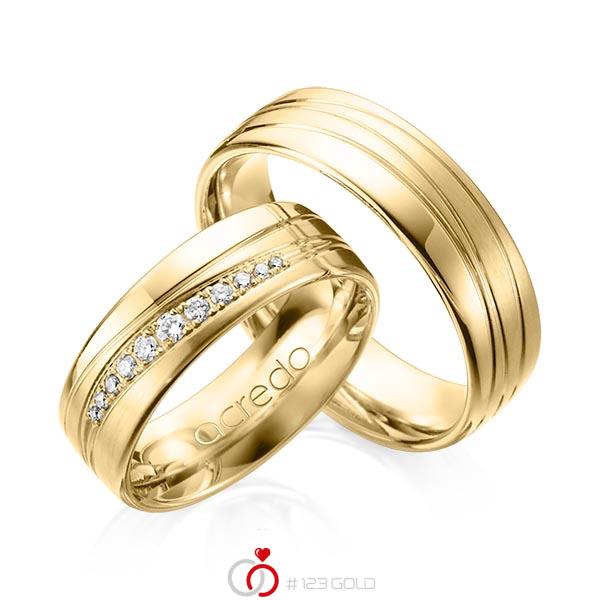 Paar klassische Trauringe/Eheringe in Gelbgold 585 mit zus. 0,146 ct. Brillant tw, si von acredo - A-1164-2 Paar klassische Trauringe/Eheringe in Gelbgold 585 mit zus. 0,146 ct. Brillant tw, si von acredo - A-1164-2