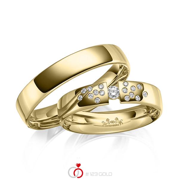 Paar klassische Trauringe/Eheringe in Gelbgold 585 mit zus. 0,14 ct. Brillant tw, si von Steinberg - Q-1662-1 Paar klassische Trauringe/Eheringe in Gelbgold 585 mit zus. 0,14 ct. Brillant tw, si von Steinberg - Q-1662-1
