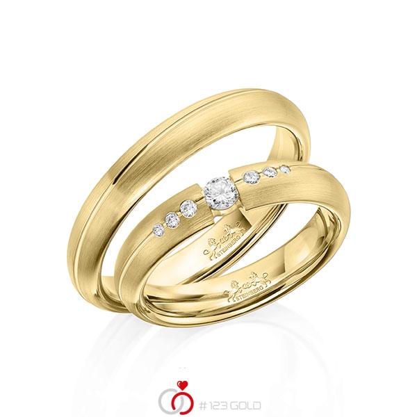 Paar klassische Trauringe/Eheringe in Gelbgold 585 mit zus. 0,16 ct. Brillant tw, si von Steinberg - Q-1609-5 Paar klassische Trauringe/Eheringe in Gelbgold 585 mit zus. 0,16 ct. Brillant tw, si von Steinberg - Q-1609-5