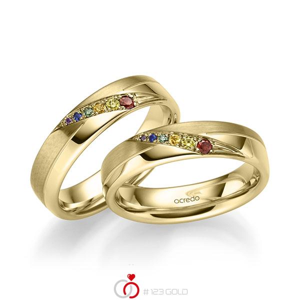 Paar klassische Trauringe/Eheringe in Gelbgold 585 mit zus. 0,176 ct. Brillant Saphir Blau (A 10) Red Cherry Saphir Gelb (A 8) Saphir Orange (A 12) Apple Green von acredo - A-2198-2 Paar klassische Trauringe/Eheringe in Gelbgold 585 mit zus. 0,176 ct. Brillant Saphir Blau (A 10) Red Cherry Saphir Gelb (A 8) Saphir Orange (A 12) Apple Green von acredo - A-2198-2