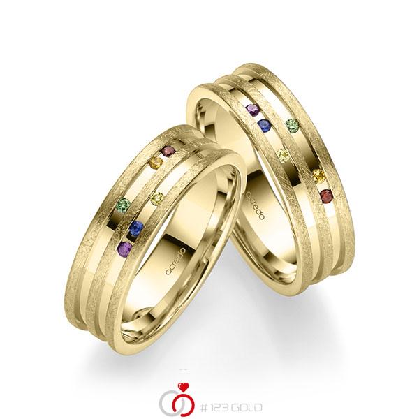 Paar klassische Trauringe/Eheringe in Gelbgold 585 mit zus. 0,18 ct. Brillant Saphir Pink (A 10) Red Cherry Apple Green Saphir Blau (A 10) Saphir Orange (A 12) gelb von acredo - A-2196-2 Paar klassische Trauringe/Eheringe in Gelbgold 585 mit zus. 0,18 ct. Brillant Saphir Pink (A 10) Red Cherry Apple Green Saphir Blau (A 10) Saphir Orange (A 12) gelb von acredo - A-2196-2