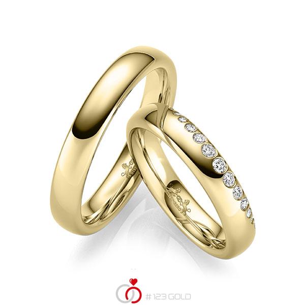 Paar klassische Trauringe/Eheringe in Gelbgold 585 mit zus. 0,196 ct. Brillant tw, si von Steinberg - Q-1674-2 Paar klassische Trauringe/Eheringe in Gelbgold 585 mit zus. 0,196 ct. Brillant tw, si von Steinberg - Q-1674-2