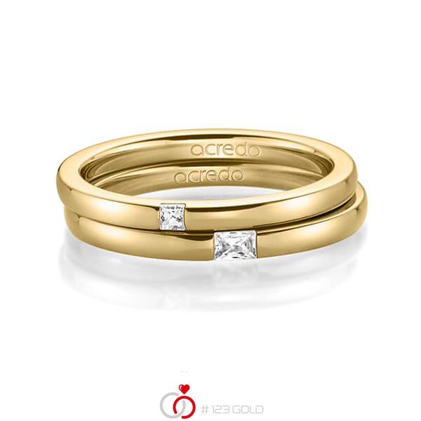 Paar klassische Trauringe/Eheringe in Gelbgold 585 mit zus. 0,1 ct. Prinzess-Diamant & Baguette-Diamant tw, si tw, vs von acredo - A-1395-6 Paar klassische Trauringe/Eheringe in Gelbgold 585 mit zus. 0,1 ct. Prinzess-Diamant & Baguette-Diamant tw, si tw, vs von acredo - A-1395-6