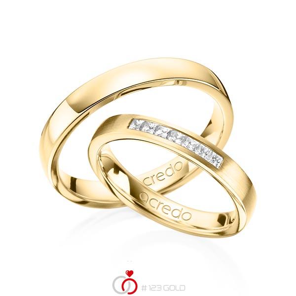Paar klassische Trauringe/Eheringe in Gelbgold 585 mit zus. 0,21 ct. Prinzess-Diamant tw, si von acredo - A-1374-2 Paar klassische Trauringe/Eheringe in Gelbgold 585 mit zus. 0,21 ct. Prinzess-Diamant tw, si von acredo - A-1374-2