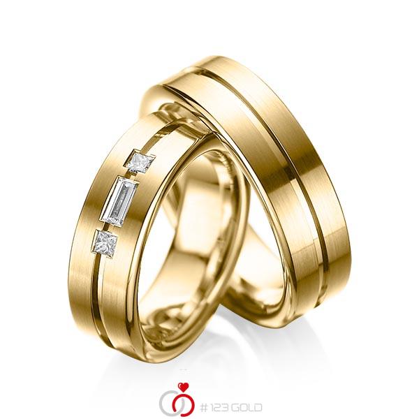 Paar klassische Trauringe/Eheringe in Gelbgold 585 mit zus. 0,22 ct. Baguette-Diamant & Prinzess-Diamant tw, vs von acredo - A-1011-4 Paar klassische Trauringe/Eheringe in Gelbgold 585 mit zus. 0,22 ct. Baguette-Diamant & Prinzess-Diamant tw, vs von acredo - A-1011-4