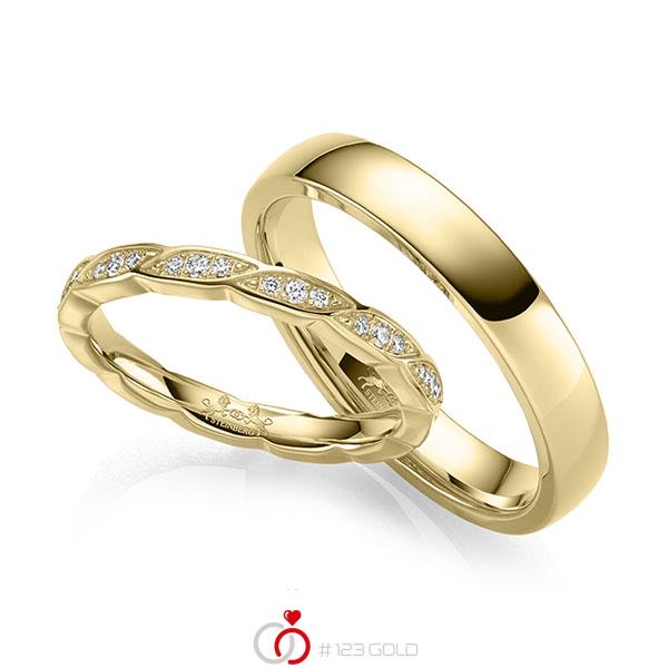 Paar klassische Trauringe/Eheringe in Gelbgold 585 mit zus. 0,24 ct. Brillant tw, si von Steinberg - Q-1676-1 Paar klassische Trauringe/Eheringe in Gelbgold 585 mit zus. 0,24 ct. Brillant tw, si von Steinberg - Q-1676-1