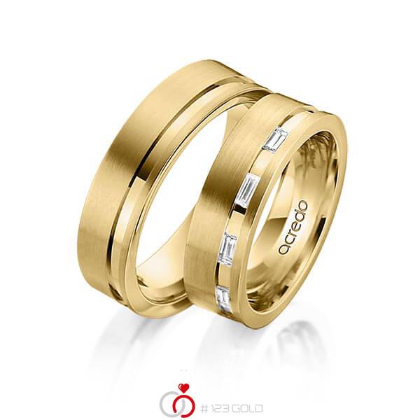 Paar klassische Trauringe/Eheringe in Gelbgold 585 mit zus. 0,25 ct. Baguette-Diamant tw, vs von acredo - A-1535-3 Paar klassische Trauringe/Eheringe in Gelbgold 585 mit zus. 0,25 ct. Baguette-Diamant tw, vs von acredo - A-1535-3