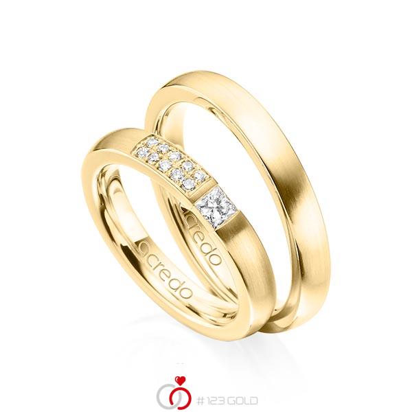 Paar klassische Trauringe/Eheringe in Gelbgold 585 mit zus. 0,25 ct. Prinzess-Diamant & Brillant tw, si von acredo - A-1292-2 Paar klassische Trauringe/Eheringe in Gelbgold 585 mit zus. 0,25 ct. Prinzess-Diamant & Brillant tw, si von acredo - A-1292-2