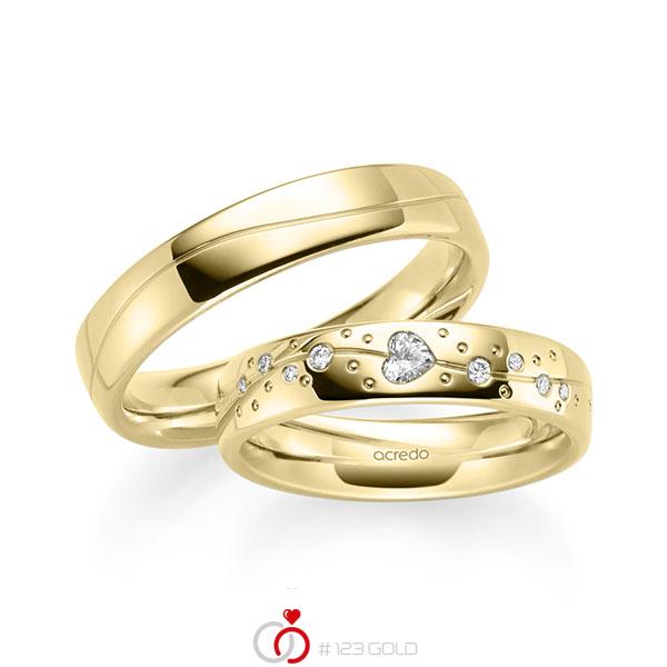 Paar klassische Trauringe/Eheringe in Gelbgold 585 mit zus. 0,266 ct. Herz-Diamant & Brillant tw, vs tw, si von acredo - A-2192-1 Paar klassische Trauringe/Eheringe in Gelbgold 585 mit zus. 0,266 ct. Herz-Diamant & Brillant tw, vs tw, si von acredo - A-2192-1