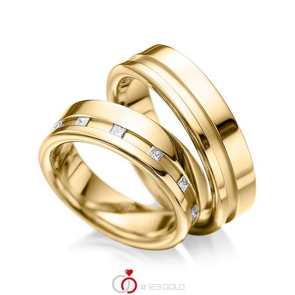 Paar klassische Trauringe/Eheringe in Gelbgold 585 mit zus. 0,36 ct. Prinzess-Diamant tw, si von acredo - A-1024-4 Paar klassische Trauringe/Eheringe in Gelbgold 585 mit zus. 0,36 ct. Prinzess-Diamant tw, si von acredo - A-1024-4