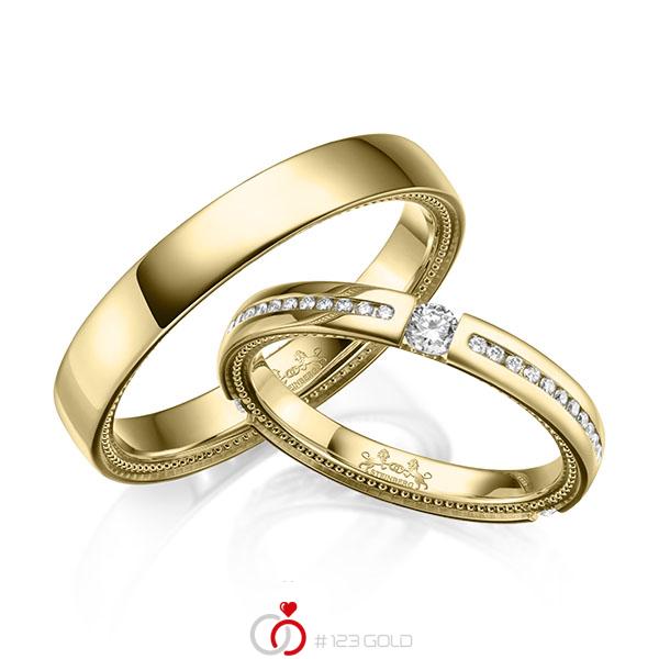Paar klassische Trauringe/Eheringe in Gelbgold 585 mit zus. 0,465 ct. Brillant tw, si von Steinberg - Q-1656-2 Paar klassische Trauringe/Eheringe in Gelbgold 585 mit zus. 0,465 ct. Brillant tw, si von Steinberg - Q-1656-2