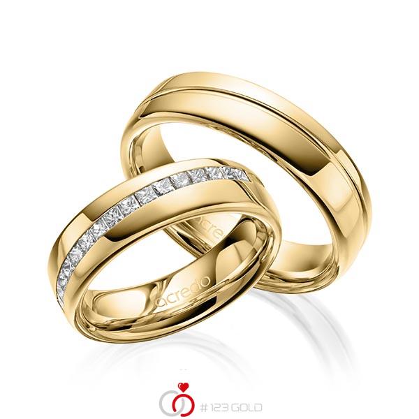 Paar klassische Trauringe/Eheringe in Gelbgold 585 mit zus. 0,48 ct. Prinzess-Diamant tw, vs von acredo - A-1627-6 Paar klassische Trauringe/Eheringe in Gelbgold 585 mit zus. 0,48 ct. Prinzess-Diamant tw, vs von acredo - A-1627-6