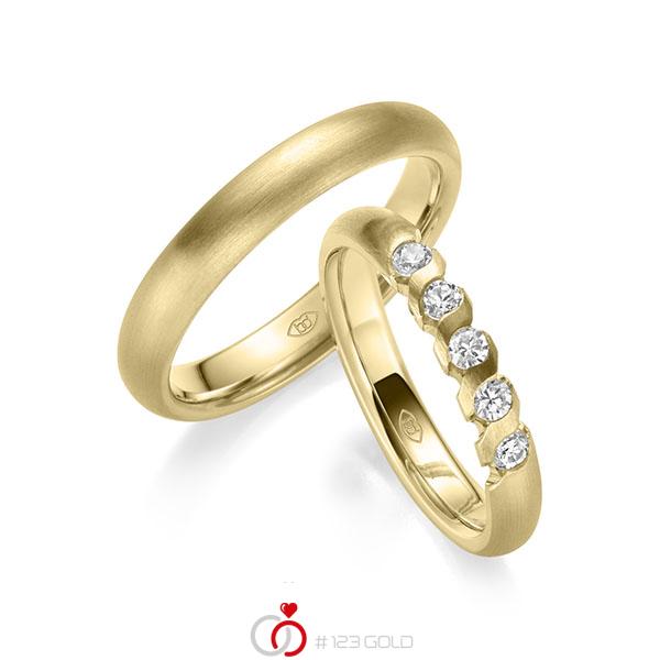 Paar klassische Trauringe/Eheringe in Gelbgold 585 mit zus. 0,4 ct. Brillant tw, si - UQ-1021-3 Paar klassische Trauringe/Eheringe in Gelbgold 585 mit zus. 0,4 ct. Brillant tw, si - UQ-1021-3