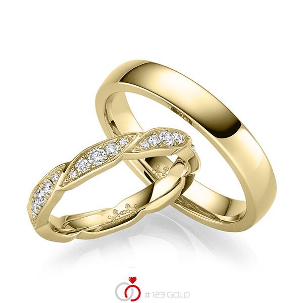 Paar klassische Trauringe/Eheringe in Gelbgold 585 mit zus. 0,63 ct. Brillant tw, si von Steinberg - Q-1677-2 Paar klassische Trauringe/Eheringe in Gelbgold 585 mit zus. 0,63 ct. Brillant tw, si von Steinberg - Q-1677-2
