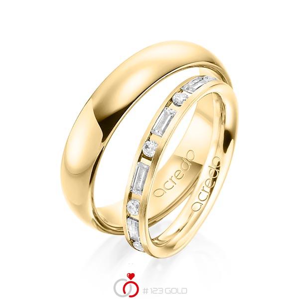 Paar klassische Trauringe/Eheringe in Gelbgold 585 mit zus. 0,675 ct. Brillant & Baguette-Diamant tw, si tw, vs von acredo - A-1370-7 Paar klassische Trauringe/Eheringe in Gelbgold 585 mit zus. 0,675 ct. Brillant & Baguette-Diamant tw, si tw, vs von acredo - A-1370-7