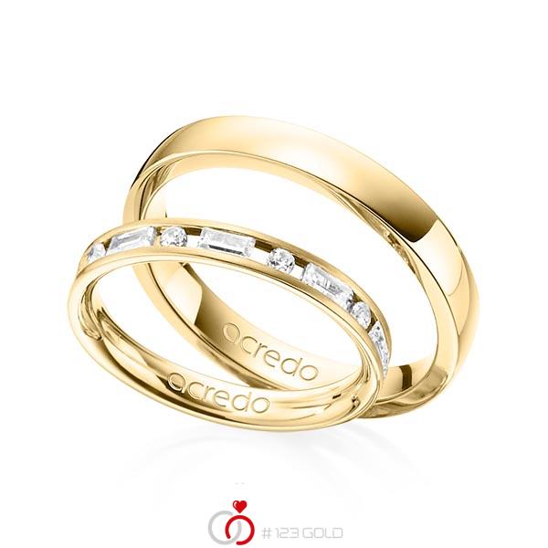 Paar klassische Trauringe/Eheringe in Gelbgold 585 mit zus. 0,765 ct. Brillant & Baguette-Diamant tw, si tw, vs von acredo - A-1377-2 Paar klassische Trauringe/Eheringe in Gelbgold 585 mit zus. 0,765 ct. Brillant & Baguette-Diamant tw, si tw, vs von acredo - A-1377-2