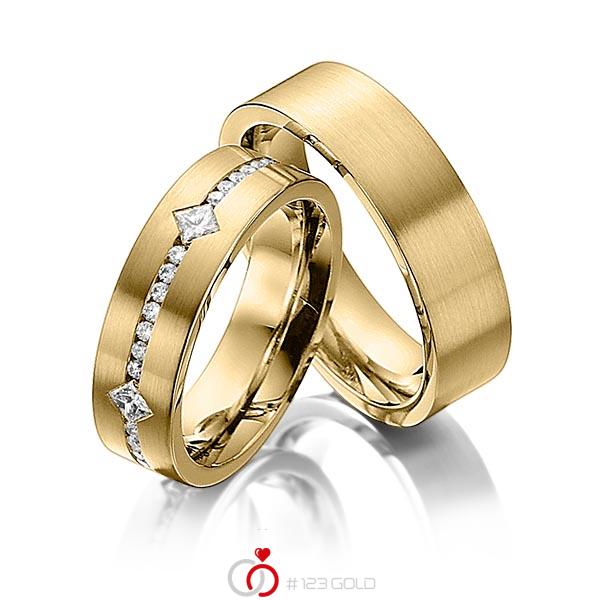 Paar klassische Trauringe/Eheringe in Gelbgold 585 mit zus. 0,95 ct. Brillant & Prinzess-Diamant tw, si von 123gold - Y-1271-3 Paar klassische Trauringe/Eheringe in Gelbgold 585 mit zus. 0,95 ct. Brillant & Prinzess-Diamant tw, si von 123gold - Y-1271-3