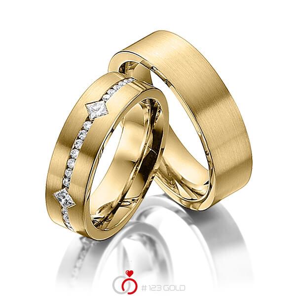 Paar klassische Trauringe/Eheringe in Gelbgold 585 mit zus. 0,95 ct. Brillant & Prinzess-Diamant tw, si von Steinberg - Q-1224-3 Paar klassische Trauringe/Eheringe in Gelbgold 585 mit zus. 0,95 ct. Brillant & Prinzess-Diamant tw, si von Steinberg - Q-1224-3