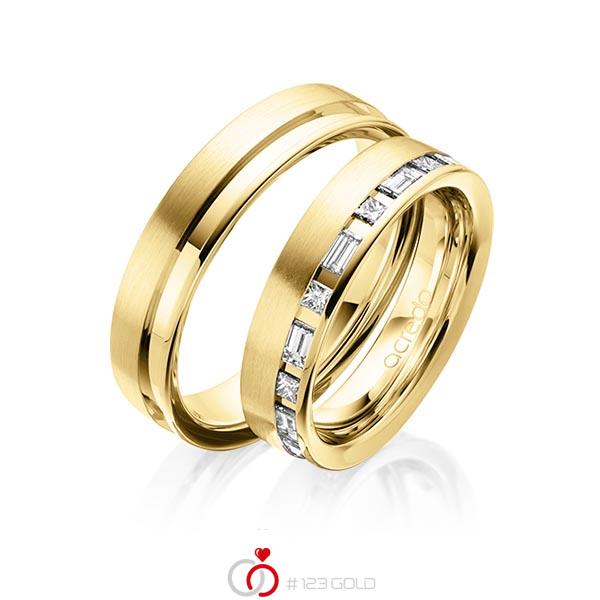 Paar klassische Trauringe/Eheringe in Gelbgold 585 mit zus. 0,9 ct. Prinzess-Diamant & Baguette-Diamant tw, si tw, vs von acredo - A-1628-6 Paar klassische Trauringe/Eheringe in Gelbgold 585 mit zus. 0,9 ct. Prinzess-Diamant & Baguette-Diamant tw, si tw, vs von acredo - A-1628-6