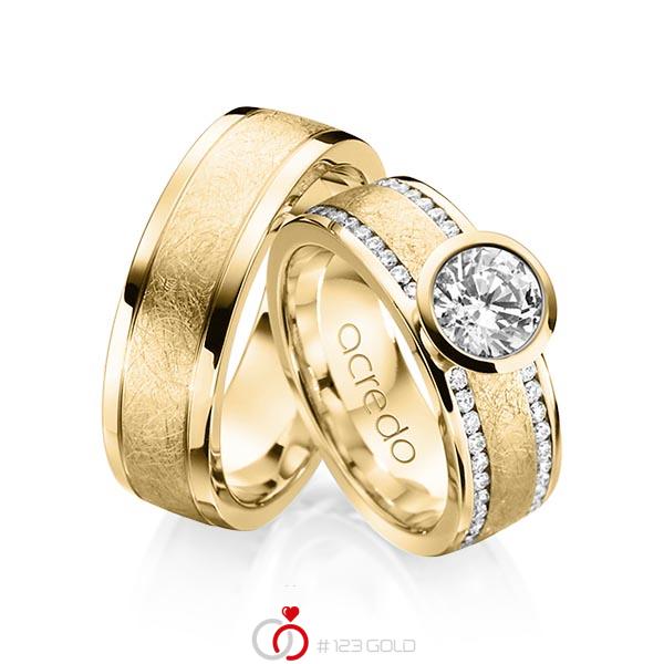 Paar klassische Trauringe/Eheringe in Gelbgold 750 mit 1 ct. + zus. 0,4 ct. Brillant tw, si von acredo - A-1208-2 Paar klassische Trauringe/Eheringe in Gelbgold 750 mit 1 ct. + zus. 0,4 ct. Brillant tw, si von acredo - A-1208-2