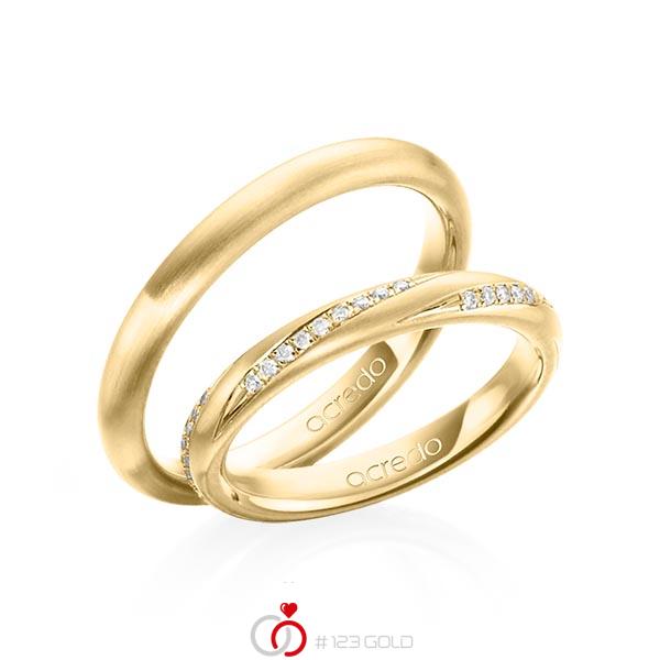 Paar klassische Trauringe/Eheringe in Gelbgold 750 mit zus. 0,225 ct. Brillant tw, si von acredo - A-1461-2 Paar klassische Trauringe/Eheringe in Gelbgold 750 mit zus. 0,225 ct. Brillant tw, si von acredo - A-1461-2