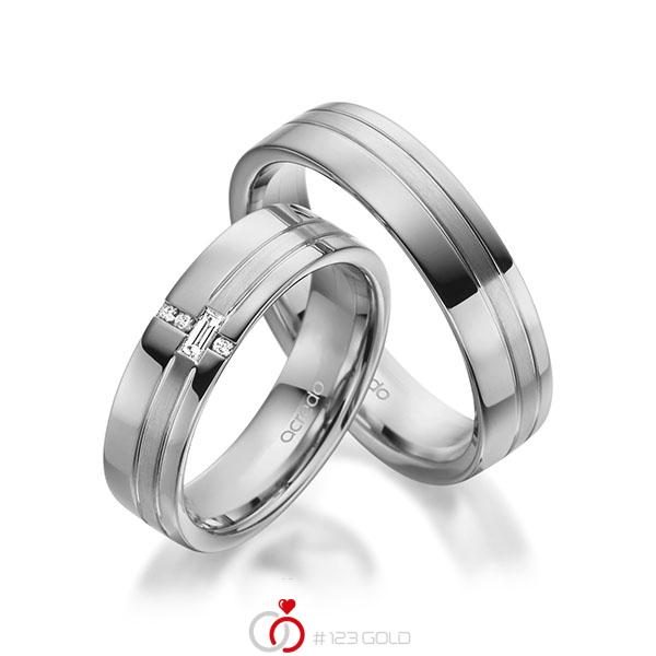 Paar klassische Trauringe/Eheringe in Graugold 585 mit zus. 0,074 ct. Baguette-Diamant & Brillant tw, vs tw, si von acredo - A-1947-8 Paar klassische Trauringe/Eheringe in Graugold 585 mit zus. 0,074 ct. Baguette-Diamant & Brillant tw, vs tw, si von acredo - A-1947-8