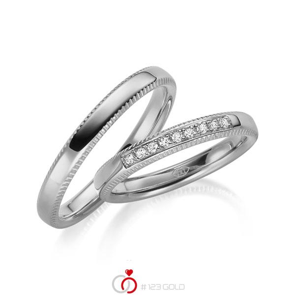 Paar klassische Trauringe/Eheringe in Graugold 585 mit zus. 0,09 ct. Brillant tw, vs - UQ-1030-5 Paar klassische Trauringe/Eheringe in Graugold 585 mit zus. 0,09 ct. Brillant tw, vs - UQ-1030-5