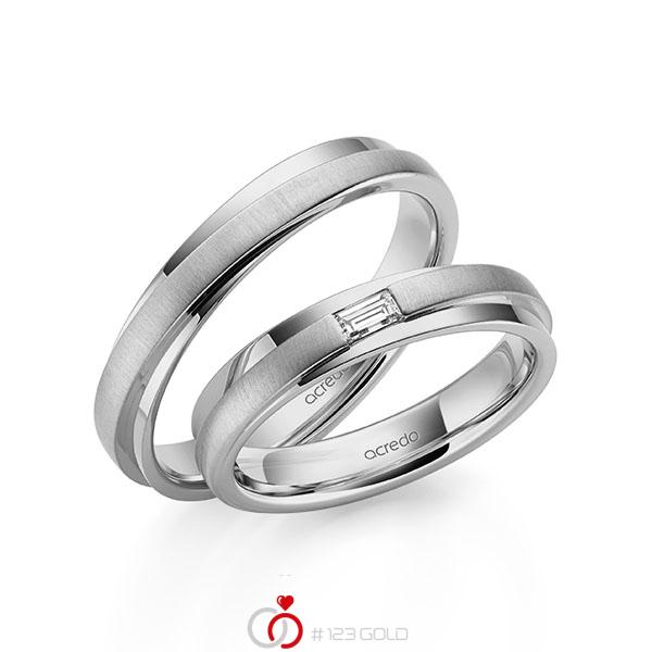 Paar klassische Trauringe/Eheringe in Graugold 585 mit zus. 0,1 ct. Baguette-Diamant tw, vs von acredo - A-2163-4 Paar klassische Trauringe/Eheringe in Graugold 585 mit zus. 0,1 ct. Baguette-Diamant tw, vs von acredo - A-2163-4