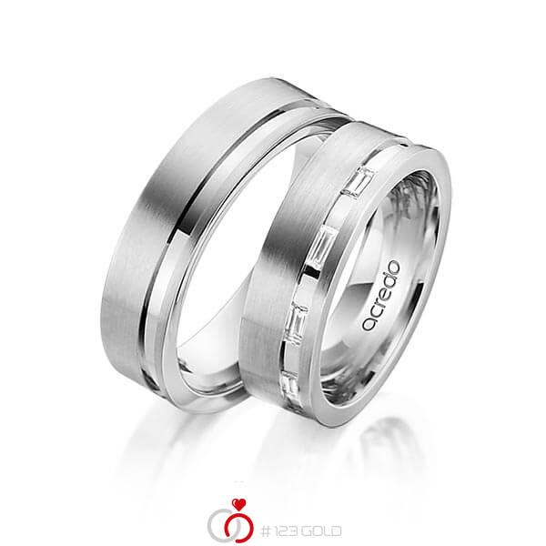 Paar klassische Trauringe/Eheringe in Graugold 585 mit zus. 0,25 ct. Baguette-Diamant tw, vs von acredo - A-1535-5 Paar klassische Trauringe/Eheringe in Graugold 585 mit zus. 0,25 ct. Baguette-Diamant tw, vs von acredo - A-1535-5
