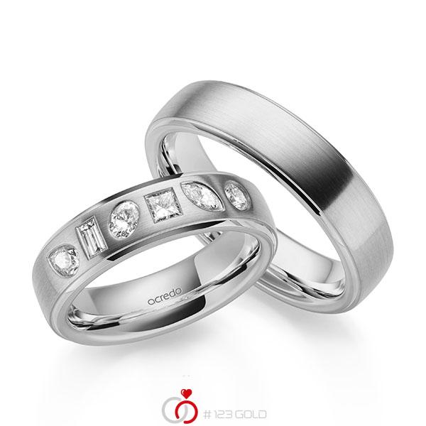 Paar klassische Trauringe/Eheringe in Graugold 585 mit zus. 0,64 ct. Baguette-Diamant & Prinzess-Diamant & Brillant tw, vs tw, si von acredo - A-2147-5 Paar klassische Trauringe/Eheringe in Graugold 585 mit zus. 0,64 ct. Baguette-Diamant & Prinzess-Diamant & Brillant tw, vs tw, si von acredo - A-2147-5