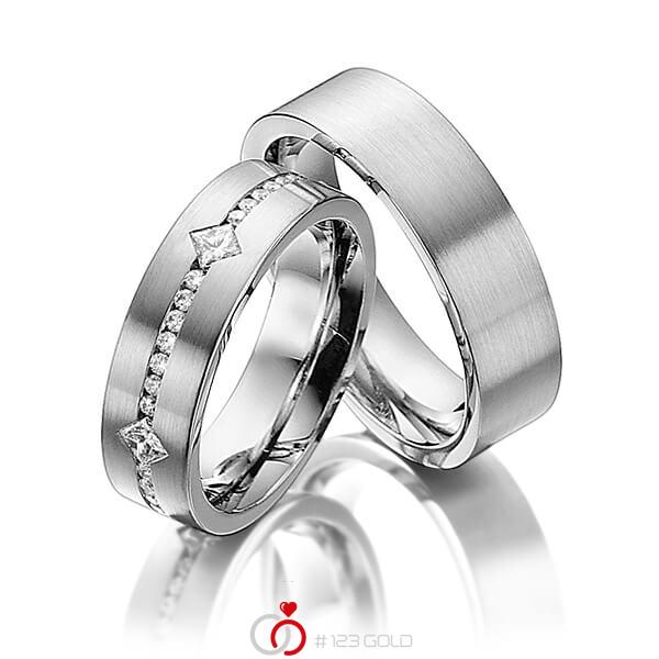 Paar klassische Trauringe/Eheringe in Graugold 585 mit zus. 0,95 ct. Brillant & Prinzess-Diamant tw, si von Steinberg - Q-1224-4 Paar klassische Trauringe/Eheringe in Graugold 585 mit zus. 0,95 ct. Brillant & Prinzess-Diamant tw, si von Steinberg - Q-1224-4