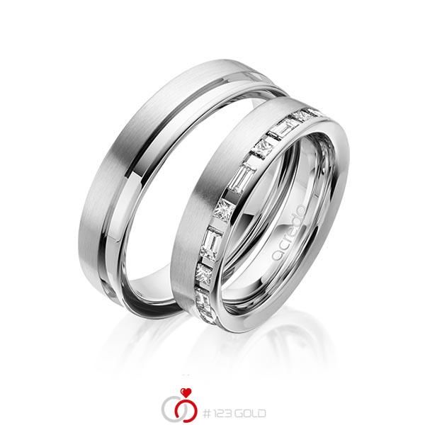 Paar klassische Trauringe/Eheringe in Graugold 585 mit zus. 0,9 ct. Prinzess-Diamant & Baguette-Diamant tw, si tw, vs von acredo - A-1628-4 Paar klassische Trauringe/Eheringe in Graugold 585 mit zus. 0,9 ct. Prinzess-Diamant & Baguette-Diamant tw, si tw, vs von acredo - A-1628-4