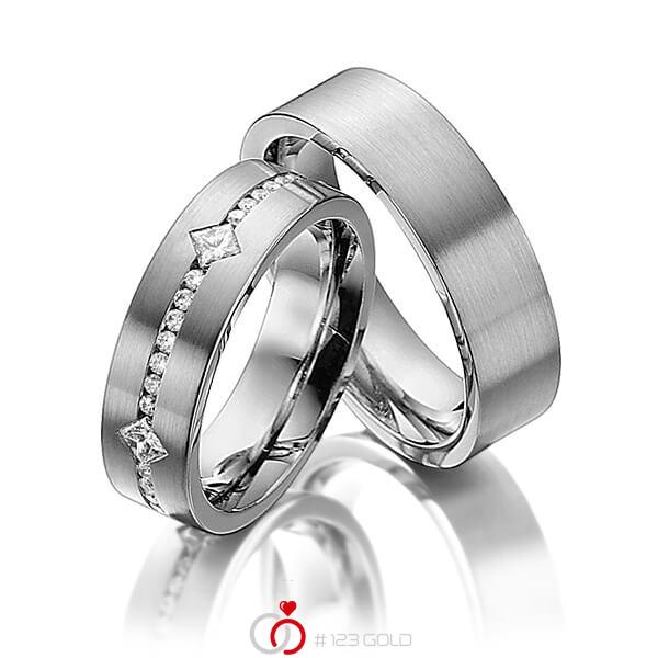 Paar klassische Trauringe/Eheringe in Graugold dunkel 585 mit zus. 0,95 ct. Brillant & Prinzess-Diamant tw, si von Steinberg - Q-1224-2 Paar klassische Trauringe/Eheringe in Graugold dunkel 585 mit zus. 0,95 ct. Brillant & Prinzess-Diamant tw, si von Steinberg - Q-1224-2