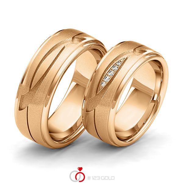 Paar klassische Trauringe/Eheringe in Roségold 585 Laser Struktur mit zus. 0,04 ct. Brillant tw, si von 123gold - Y-1402-7 Paar klassische Trauringe/Eheringe in Roségold 585 Laser Struktur mit zus. 0,04 ct. Brillant tw, si von 123gold - Y-1402-7